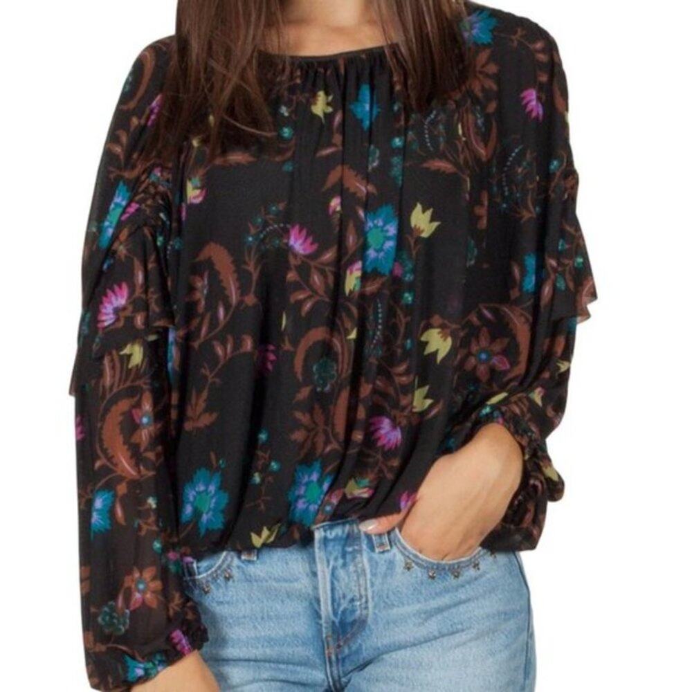 Free People Wildflower Honey Top In Black Long Sleeve Size Small